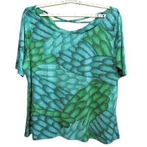 Gypsy Mara Hoffman Blue Green Feather Cowl Back Top Blouse Size 2X Short Sleeve